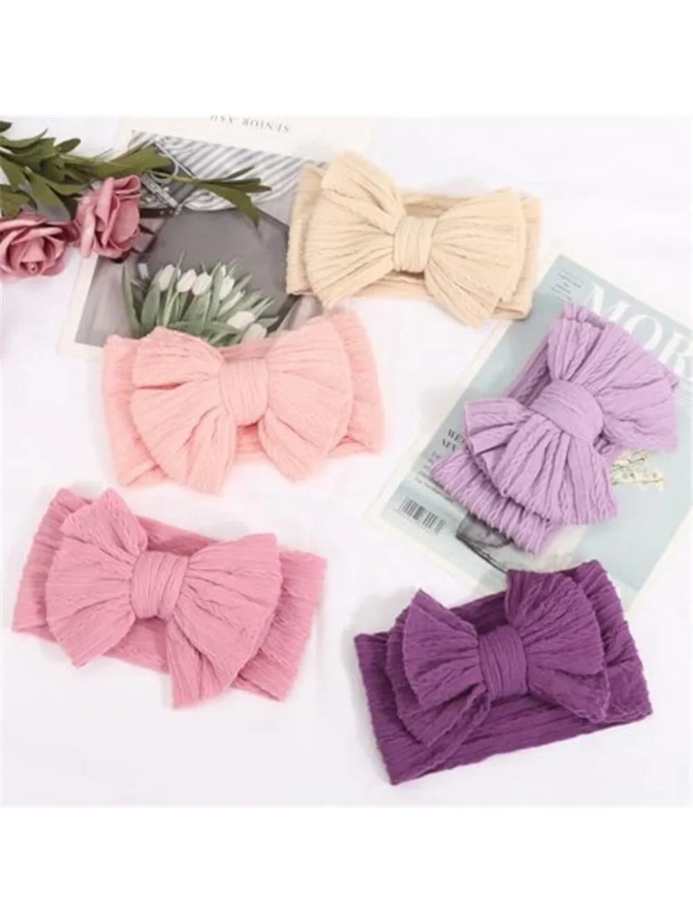 Baby Girl Bow Headbands 5 pk Nylon Stretchy Soft Newborn Infant Hair Accessories